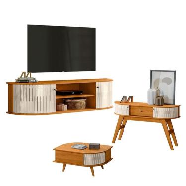 Imagem de Rack Bancada Suspensa Modena com Aparador Estoril e Mesa de Centro Indianápolis Cinamomo Off White – Madetec