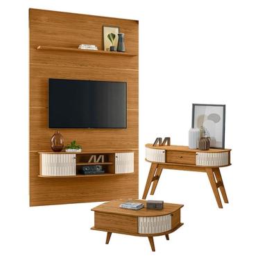 Imagem de Estante Home Theater com Bancada Suspensa Monte Carlo com Aparador Estoril e Mesa de Centro Indianápolis Naturale Off White – Madetec