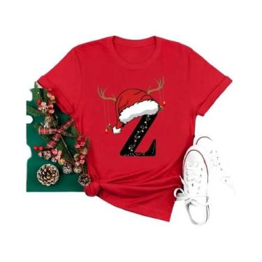 Imagem de Camiseta Feminina Vermelha De Natal Com Alfabeto, Estilo Casual, Manga