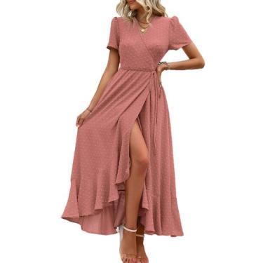 Imagem de Vestido Longo Envelope PRETTYGARDEN Rosa Maxi Decote V Babados XL