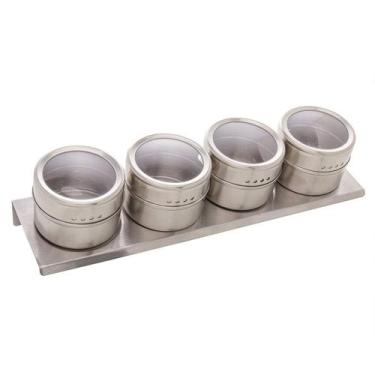 Imagem de Conjunto 4 Porta Temperos Aço Inox Tampa Acrílico e Suporte - Lyor