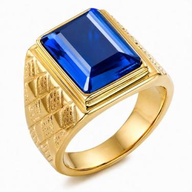 Imagem de Anel Masculino Azul Homem Banhado Ouro 18k Pedra Zafira Comendador Rob