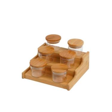 Imagem de Kit 6 potes hermético 110ml com tampa de bambu e rack organizador de b
