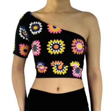 Imagem de Cropped Feminino Um Ombro Só Manga Curta Estampas Sortidas Academia Fi