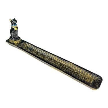 Imagem de Incensário Régua Egípcio Bastet Preto e Dourado 26 cm Resina - Lua Mís