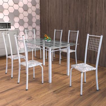 Imagem de Conjunto de Mesa de Cozinha com Tampo de Vidro e 6 Cadeiras Iza Transparente, Pérola e Bege Floral