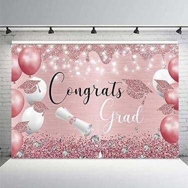 Imagem de MEHOFOND 2,1 x 1,5 m Rose Gold Congrats Grad Cenário Decorações de formatura Faixa de cerimônia de classe de 2024 balões rosa e brancos suprimentos de baile adereços de estúdio de fotografia