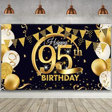 Imagem de Cartaz de sinal de ouro preto com tecido extra grande para decoração de festa de aniversário banner de fundo de cabine de fotos de aniversário, suprimentos para festa de aniversário, 188 x 119 cm (95 anos)