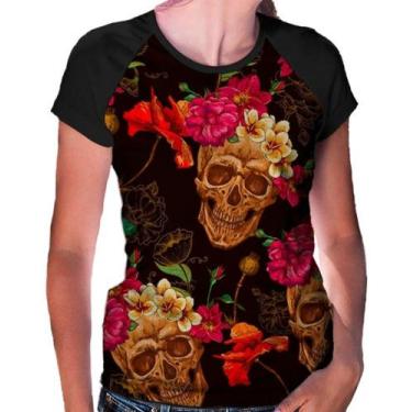 Imagem de Camiseta Baby Look Raglan Caveira Mexicana Flores Ref:16 - Smoke