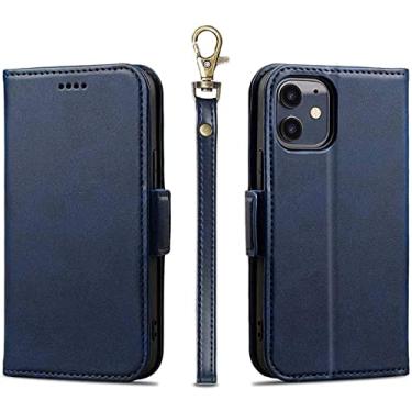 Imagem de HAODEE Capa de telefone de carteira de couro com flip magnética, capa à prova de choque com 3 slots de cartão para Apple iPhone 12 Mini (2020) 5,4 polegadas (cor: azul)