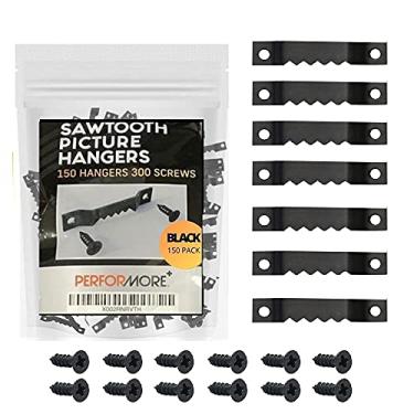 Imagem de PERFORMORE Sawtooth Cabides para foto, pacote com 150 peças de ferramentas para pendurar quadros, ganchos de moldura de foto com orifício duplo com 300 parafusos, para decoração de pinturas de relógio de parede, moldura de foto, gancho para fotos (preto)