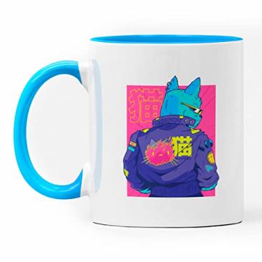 Imagem de Caneca Cyberpunk Cat Nerd Branca com Alça Azul Clara
