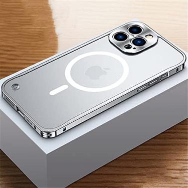 Imagem de Estojo de armação de metal galvanizado de luxo para iPhone 11 12 13 14 Pro Max 12 13 Mini 14Plus Capas de telefone com placa traseira de acrílico fosco, Prata 2, para iPhone 12Pro
