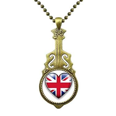 Imagem de DIYthinker Union Jack Colar com a bandeira da Grã-Bretanha em forma de coração com pingente de música de guitarra antiga