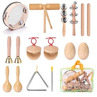 Imagem de Bulaned 11 peças kit de instrumentos de percussão de mão para crianças portátil conjunto de instrumentos musicais para iluminação infantil