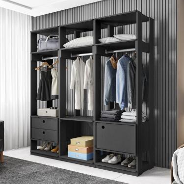 Imagem de Conjunto Closet Modulado com 3 Cabideiros 1 Porta 2 Gavetas Titan Espresso Móveis Preto Velluto