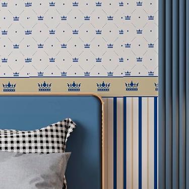 Imagem de Papel de Parede Infantil Quarto Bebê Listrado Príncipe Coroa Azul e Dourado Adesivo Vinílico 3m