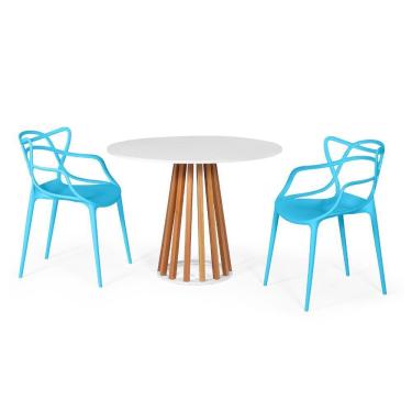 Imagem de Conjunto Mesa de Jantar Redonda Branca 100cm Talia Amadeirada com 2 Cadeiras Allegra - Azul