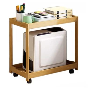 Imagem de GRFIT Suporte de CPU Suporte de torre de PC de mesa com armazenamento, suporte de caixa de PC com rolamento de 2 níveis, suporte de CPU de bambu com rodas giratórias sob a mesa para suporte de torre de PC de escritório em casa (cor: latão)