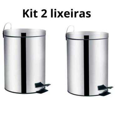 Imagem de Kit 2 Lixeiras Com Pedal E Balde Aço Inox 20 Litros  Cinza Banheiro Co