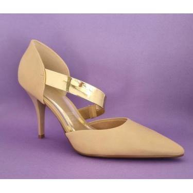 Imagem de Sapato Scarpin Aberto Nude Com Fita Dourada Transpaçada Elegante E Con