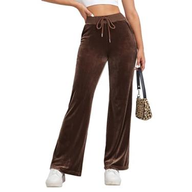 Imagem de Floerns Calça feminina de veludo de cintura alta com cordão na cintura reta, Marrom chocolate, M