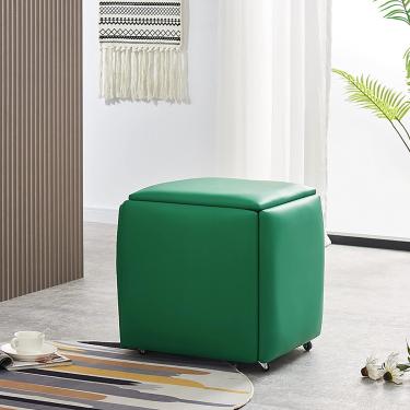 Imagem de Cadeira cúbica de aninhamento 5 em 1 - Bancos empilháveis ​​com apoios para os pés dobráveis ​​sobre rodas - Conjunto versátil de móveis para sala de estar e jantar com assentos de couro sin