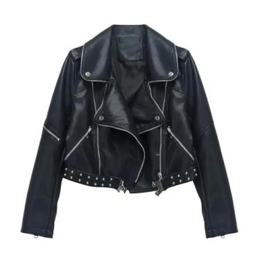 Imagem de Rock88 Jaqueta feminina de couro primavera outono solto streetwear curto lapela motociclista casaco com zíper leve cinto rebite agasalho
