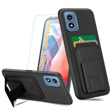 Imagem de Capa para celular Motorola Moto G Play 4G 2024 com protetor de tela de vidro temperado, suporte dobrável para cartões/compartimentos para suporte/carteira com suporte, capa protetora de silicone para