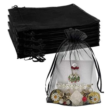 Imagem de Jexila 100 peças, bolsa de organza transparente, 12 cm x 17 cm, bolsa de presente com cordão, pequena para joias, doces, festa de casamento (preta)