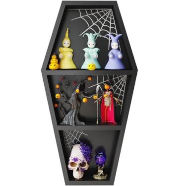 Imagem de Prateleira de caixão gótica de Halloween 61 cm com teia de aranha, estante de caixão de madeira, decoração gótica para casa, prateleira de cristal para exibição, prateleira curiosa assustadora preta