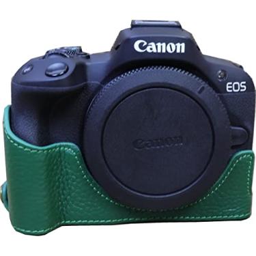 Imagem de BMAOLLONGB Capa R50, capa de couro genuíno feita à mão para meia câmera para Canon Eos R50 versão com abertura inferior + alça de mão (verde)