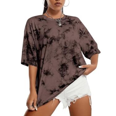 Imagem de SOFIA'S CHOICE Camisetas femininas grandes tie dye gola redonda manga curta casual verão, Marrom, XP