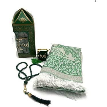 Imagem de Conjunto de presente muçulmano Eid, tapete de oração secade pérola Tasbeeh contas de oração e bolso ou decoração de carro mini Alcorão + Janamaz conjunto de 3 peças (verde)