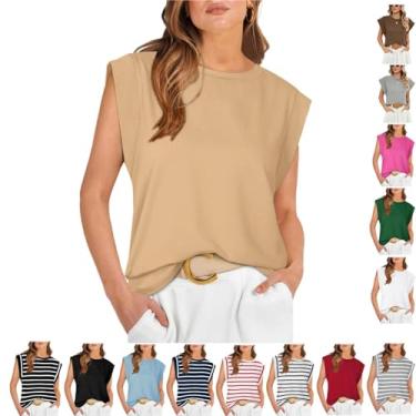 Imagem de Camiseta regata feminina de verão cor sólida gola redonda sem mangas casual 2024 moda casual camisetas básicas, Caqui, XXG