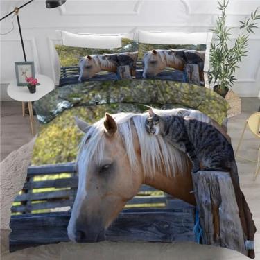 Imagem de Jogo de cama King da Califórnia com estampa de gatos, conjunto de 3 peças, capa de edredom de microfibra macia, 264 x 248 cm e 2 fronhas, com fecho de zíper e laços