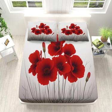 Imagem de Jogo de cama Queen cinza com estampa de flor vermelha botânica de microfibra, 40,6 cm, lençol de cima com bolsos profundos, lençol de cima com 2 fronhas para meninas, meninos e crianças
