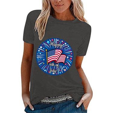 Imagem de Camiseta feminina patriótica bandeira americana Happy 4th of July Gift Shirt Stars Stripes Graphic Short Sleeve Casual Tops, Preto, G
