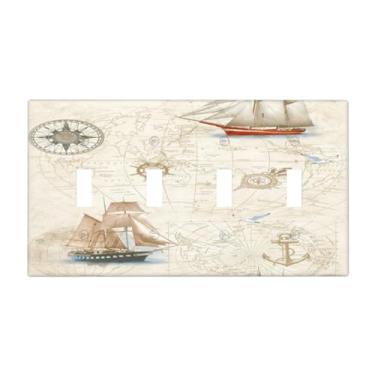 Imagem de Mapa náutico veleiros veleiros quádruplo interruptor de luz decorativa 4 gangues placa de parede placa elétrica para cozinha banheiro quarto decoração