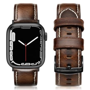 Imagem de EDIMENS Pulseiras de couro compatíveis com Apple Watch de 49 mm, 45 mm, 42 mm, 44 mm, pulseira de substituição de couro genuíno vintage compatível com Apple Watch iwatch séries 8,