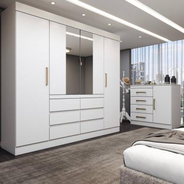 Imagem de Quarto Completo Casal Marrom 5 Portas 10 Gavetas com Espelho Branco - Panorama Móveis