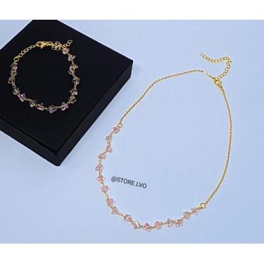 Imagem de Kit Colar e Pulseira Feminino com Elos Pedras Cristais Zircônias Folhe