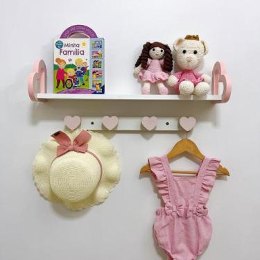 Imagem de Prateleira coração 60cm colorida e cabideiro quarto infantil - Souveni