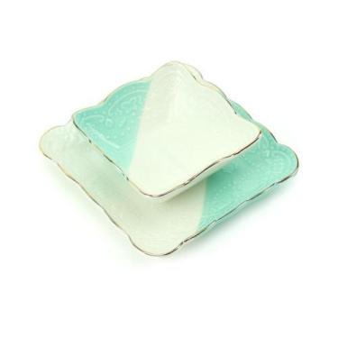 Imagem de Jogo de Prato e Bowl de Cerâmica Quadrado Branco e Verde - PraCaza
