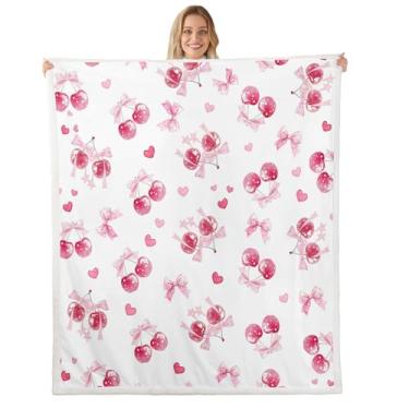 Imagem de Feelyou Cobertor de lã de ovelha com laço rosa, solteiro, 152 x 203 cm, cobertor infantil fofo de lã cereja estilo princesa sonhadora, cobertor de pelúcia com laço kawaii, para cama, sofá, glitter,