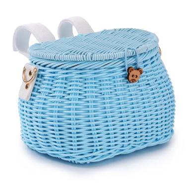 Imagem de SVNR Conjunto de cesta de bicicleta infantil, cesta de triciclo de scooter, cesta de ciclismo infantil, mochila tecida à mão com alça de ombro para tampa, cesta de vime, cesta de guidão frontal, azul