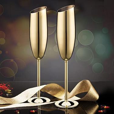Imagem de Copos de champanhe de aço inoxidável dourado elegante, ideal para celebração brindando aniversário aniversário noiva noivo sr. sra. festa de casamento, haste longa taças de champanhe inquebráveis - pacote com 2