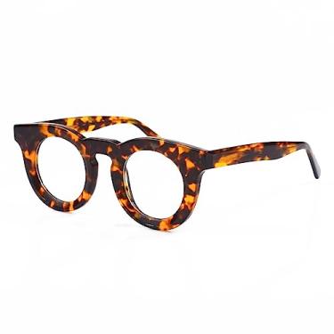 Imagem de BETSION Armação de óculos retrô feita à mão com design embutido de acetato, armação redonda hip hop punk para miopia, Leopardo, 43-26-145