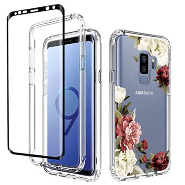 Imagem de Gufuwo Capa para Galaxy S9+, capa para S9 Plus G965U com protetor de tela de vidro temperado, design floral de corpo inteiro, proteção rígida + TPU à prova de choque para Samsung Galaxy S9 Plus (flor)