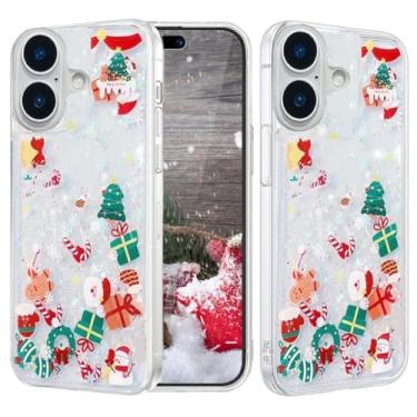 Imagem de Changjia Capa de Natal com glitter para iPhone 16, linda Feliz Natal, líquido, fluindo, Natal, Papai Noel, boneco de neve, brilhante, TPU (poliuretano termoplástico), capa transparente à prova de